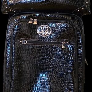 Kathy Van Zeeland Black Crocodile Embossed Rolling Suitcase + Laptop Bag